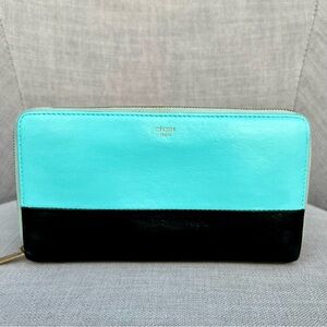 Celine Bi-color Large Zipped Leather Wallet Tiffany blue and Black